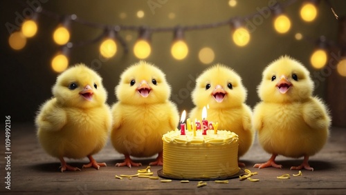 Yellow Baby Chicks Celebrating with Happy Birthday Song and Cheer