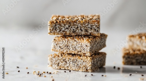 A stack of granola bars with sesame seeds on top