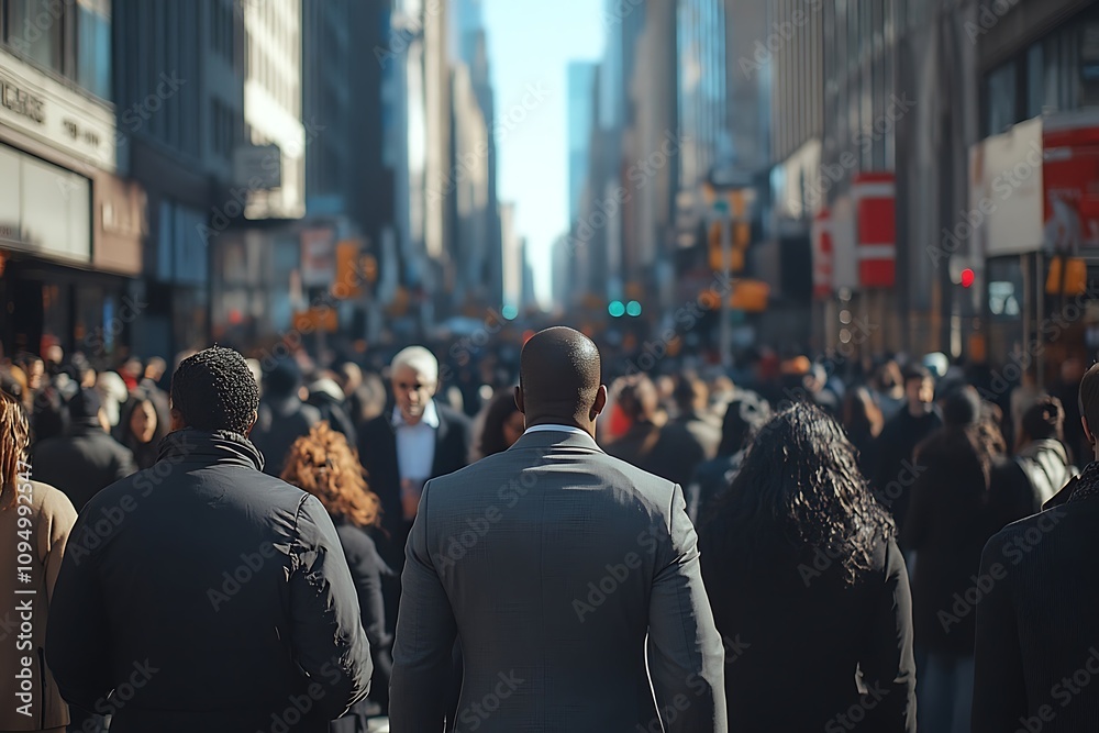 Obraz premium African American Man Amidst Anonymous City Crowd, Skyscrapers
