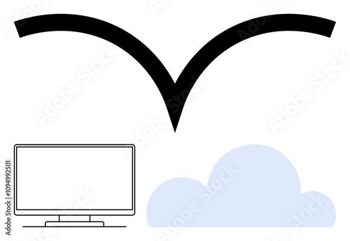 Computer monitor linked with light blue cloud by black curved swooping arrow. Ideal for technology, cloud computing, data transfer, internet, networking, digital storage, communication. Line metaphor