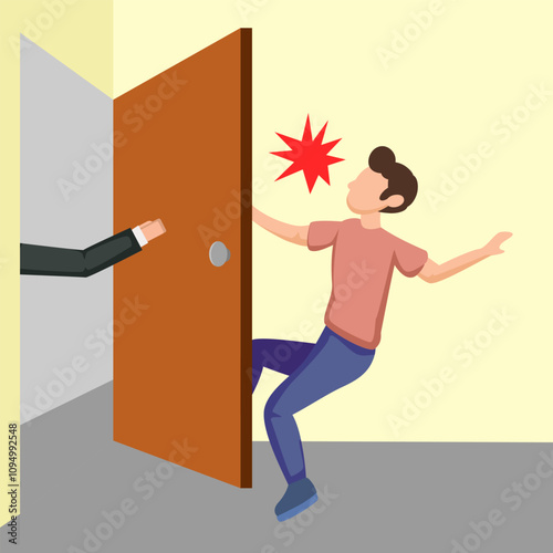 Cartoon Man Colliding with Swinging Door in Office Scene
