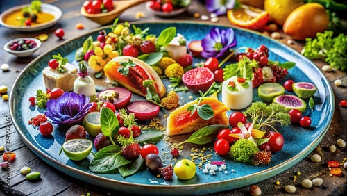 Exquisite Food Photography Featuring a Lavish Platter of Gourmet Dishes, Colorful Ingredients, and Elegant Presentation for Culinary Enthusiasts and Food Lovers