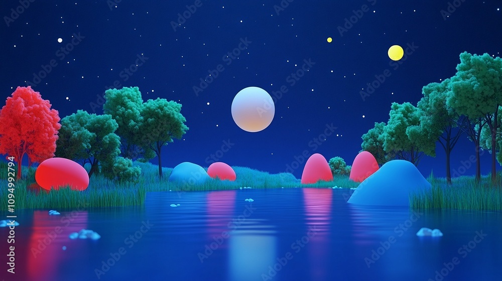 Obraz premium Moon Reflection on Calm Lake Under Night Sky - 3D Render