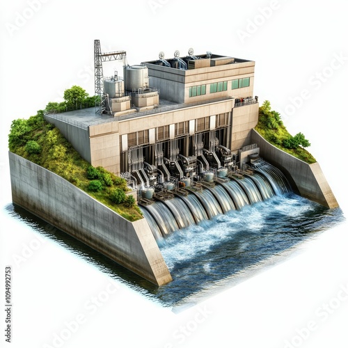 Hydroelectric dam, water flowing, green vegetation.