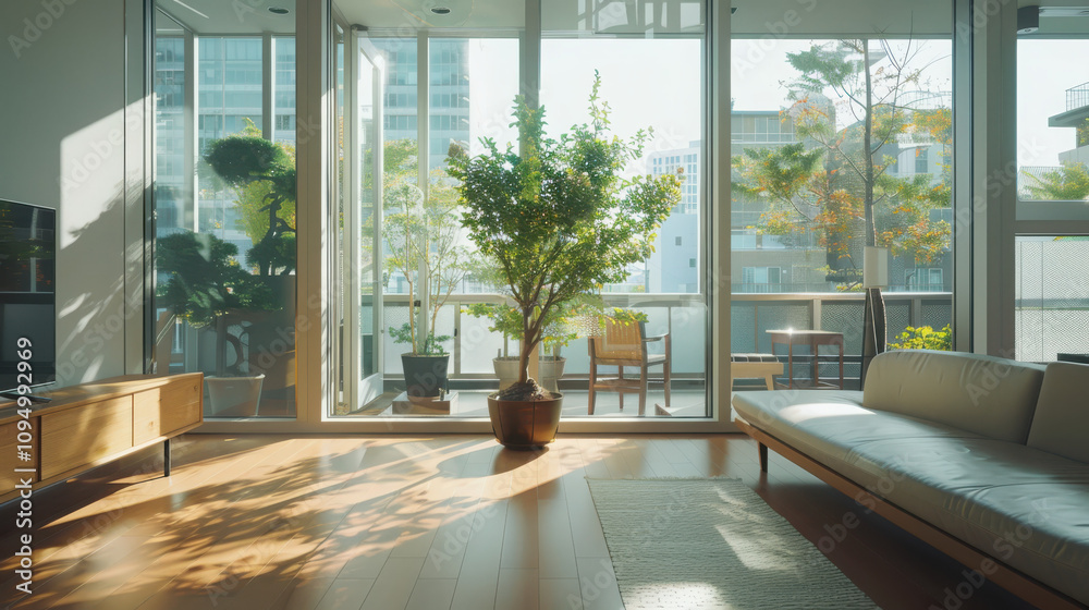 Fototapeta premium Creating a serene living room with neutral tones large windows and a potted plant for natural light