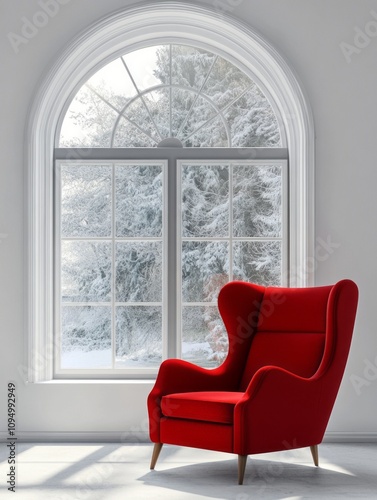Red armchair sits by a snow...