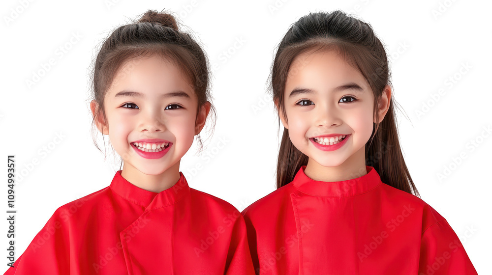 Two young girls in red shirts share heartwarming smile, portrait of joyful friendship Two young girls in red shirts share heartwarming smile, portrait of joyful friendship