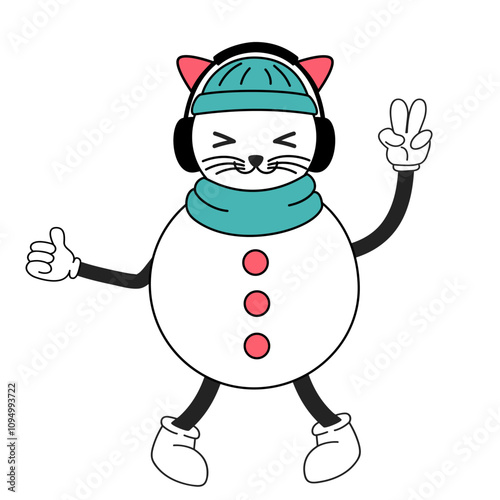 Snowman character with cat's face in beanie hat and scarf, headphones is chilling out