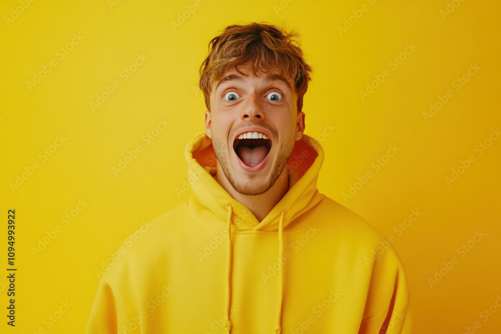 Joyful Young Man in Yellow Hoodie Against Bright Background Joyful Young Man in Yellow Hoodie Against Bright Background