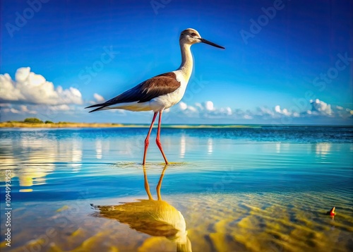 Elegant Himantopus Melanurus in Shallow Waters: Architectural Photography of Coastal Habitat with Focus on Sea Bird, Blue Sky, Reflection, Natural Beauty, Wildlife and Serenity photo