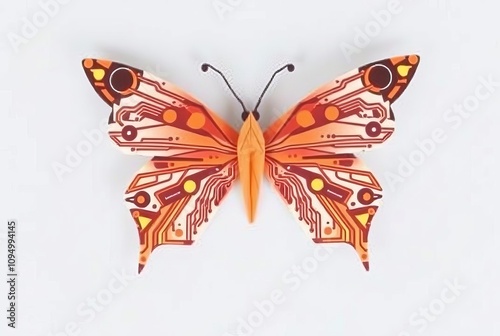 Origami butterfly with circuit board patterns on its wings repre photo