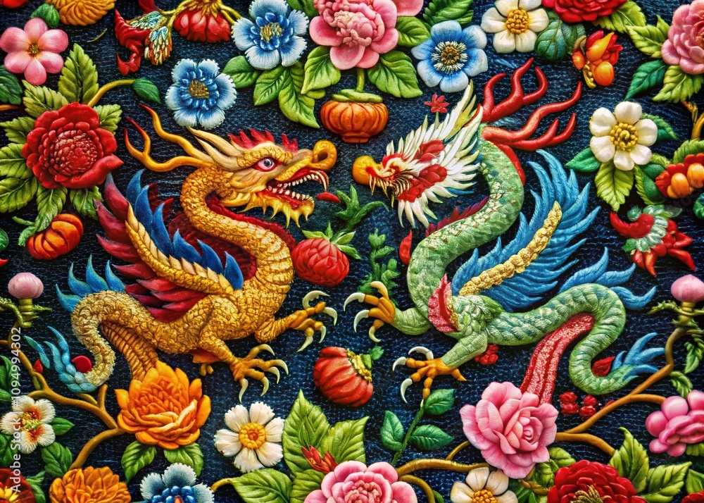 Exquisite Oriental Embroidery Pattern Featuring Dragons and Roses for Clothing Design, Ideal for Fashion and Textile Applications with Vibrant Colors and Intricate Details Exquisite Oriental Embroidery Pattern Featuring Dragons and Roses for Clothing Design, Ideal for Fashion and Textile Applications with Vibrant Colors and Intricate Details