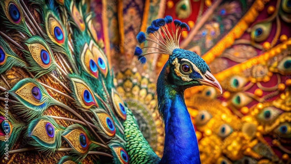 Fototapeta premium Exquisite Portrait Photography Featuring a Vibrant Peacock in a Beautifully Decorated Setting with Rich Textures and Colors for a Stunning Visual Experience
