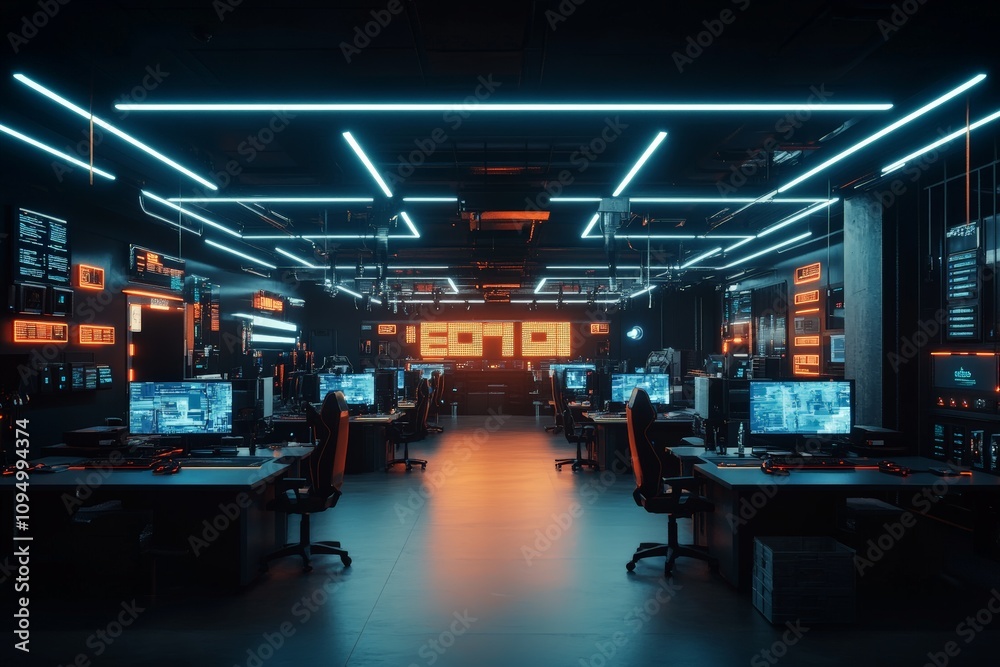 A modern office illuminated by neon lights with multiple computers displaying digital interfaces, conveying a high-tech and futuristic work environment. A modern office illuminated by neon lights with multiple computers displaying digital interfaces, conveying a high-tech and futuristic work environment.