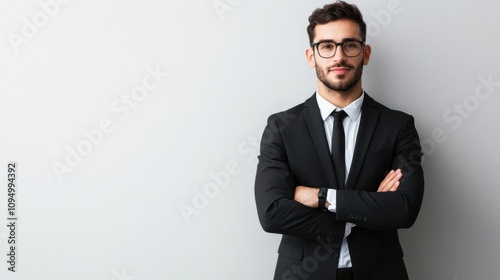 Businessman standing against a white background, presenting a professional image