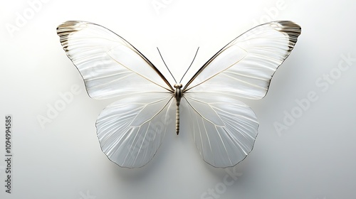 A butterfly with transparent wings, illuminated and centered on a pure white background