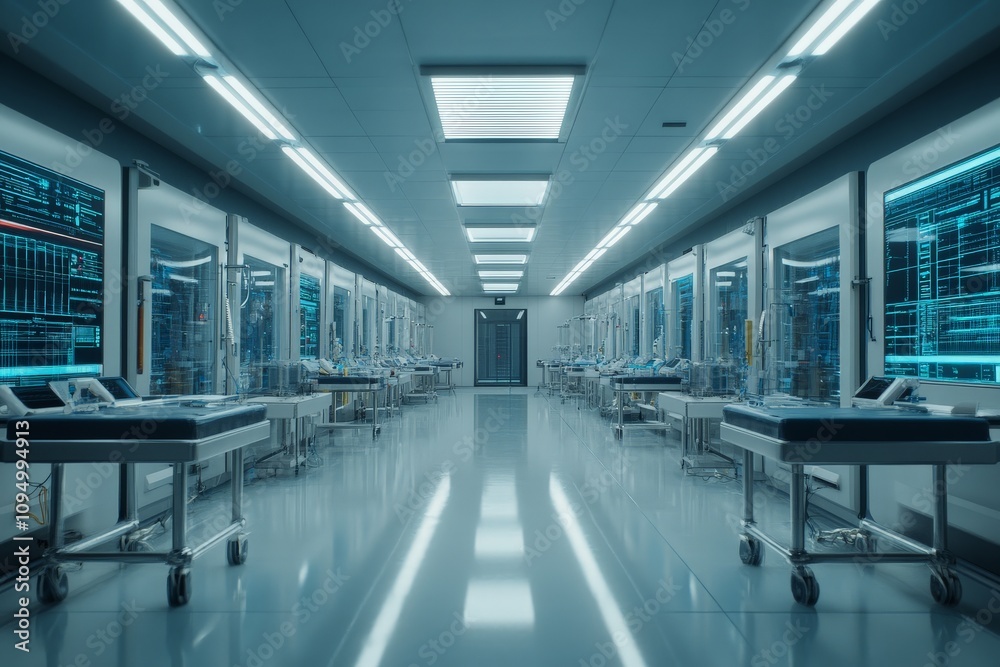 Obraz premium A high-tech laboratory filled with advanced computer screens is ready for cutting-edge research and experimentation in a pristine, futuristic environment.
