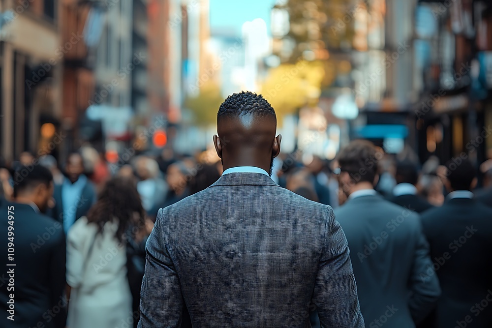 African American Man in Gray Suit Walking City Street Crowd African American Man in Gray Suit Walking City Street Crowd