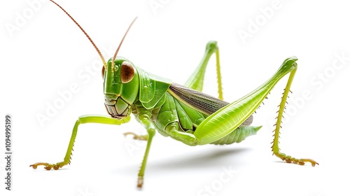 A grasshopper in an upright position with its hind legs raised, ready to jump, on a white background