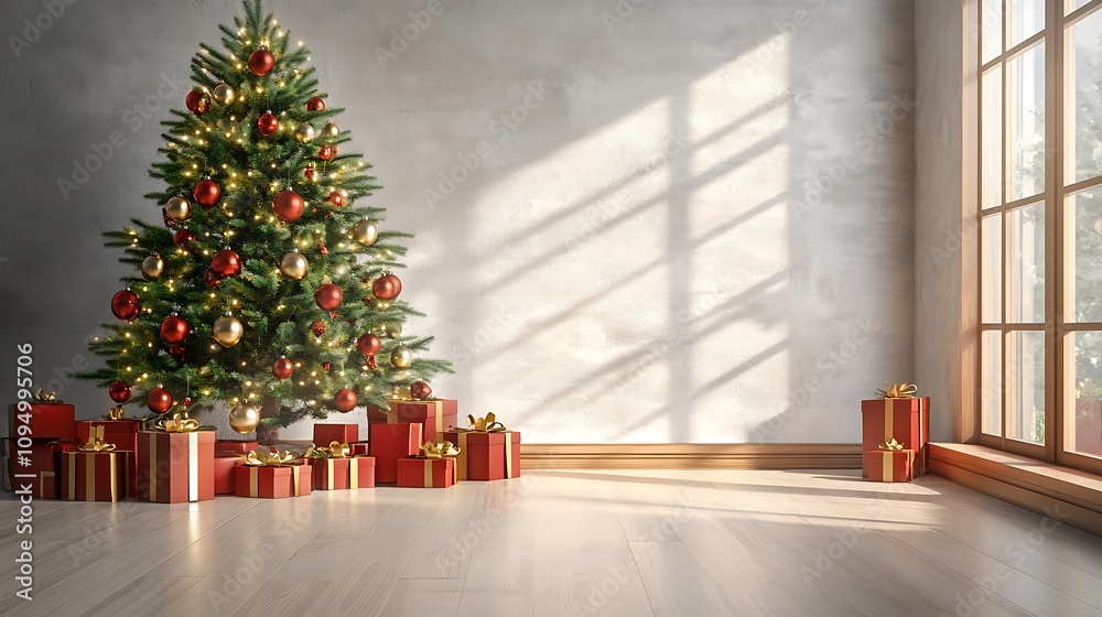 Festive Christmas Tree & Holiday Decor with Gifts, Stockings, and Fireworks for Winter Celebration Festive Christmas Tree & Holiday Decor with Gifts, Stockings, and Fireworks for Winter Celebration
