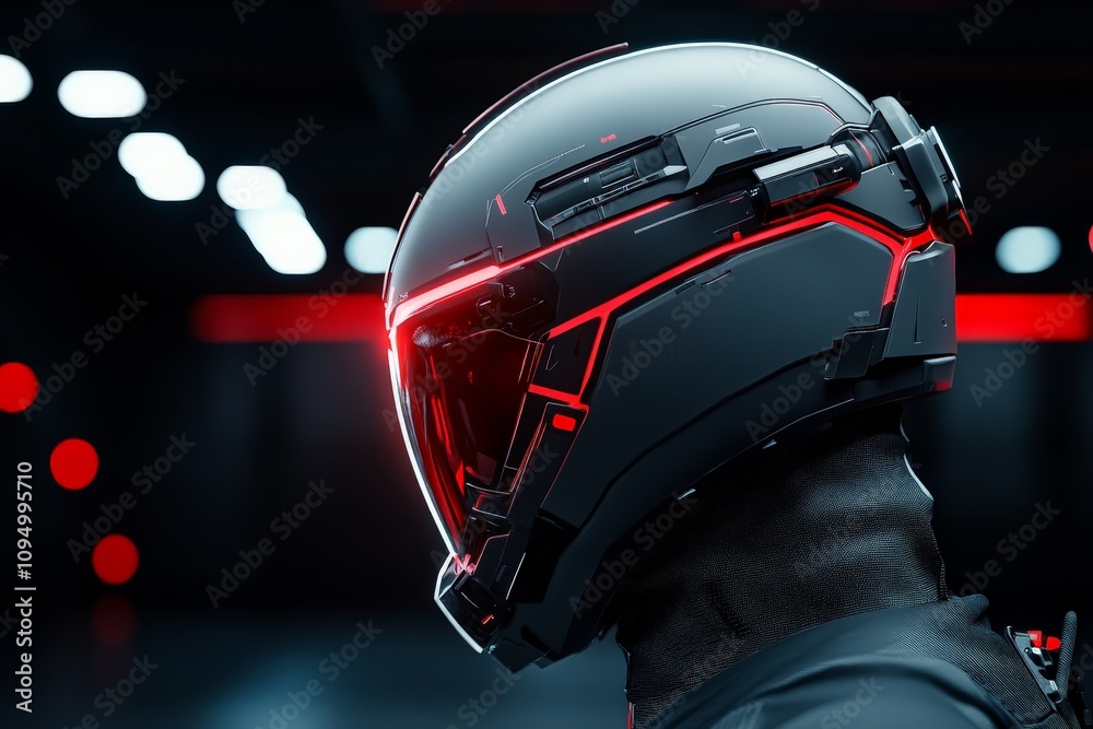 Fototapeta premium A sleek futuristic helmet with glowing red accents in a dark environment embodies modern technology and advanced protective gear design.