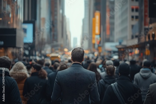 African American Man in Gray Suit, Flowing Urban Crowd