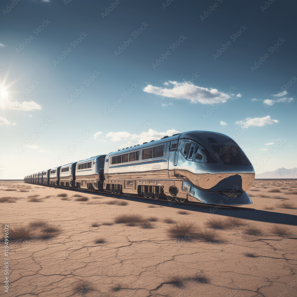 solar powered futuristic train speeding through a desert