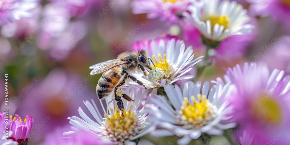 Bees collecting pollen from vibrant flowers. Bees collecting pollen from vibrant flowers.