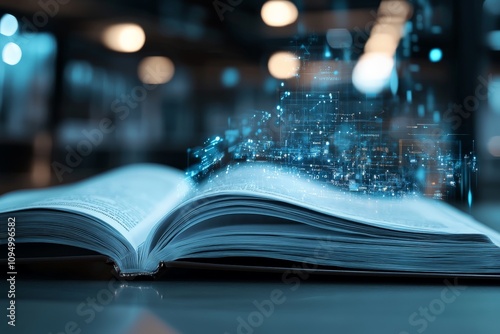 A mesmerizing image of an open book with a digital data stream emanating from its pages, illustrating the concept of knowledge and information merging with technology.