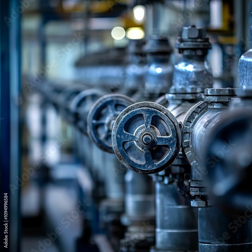 Industrial pipes, valves, and aged metal.