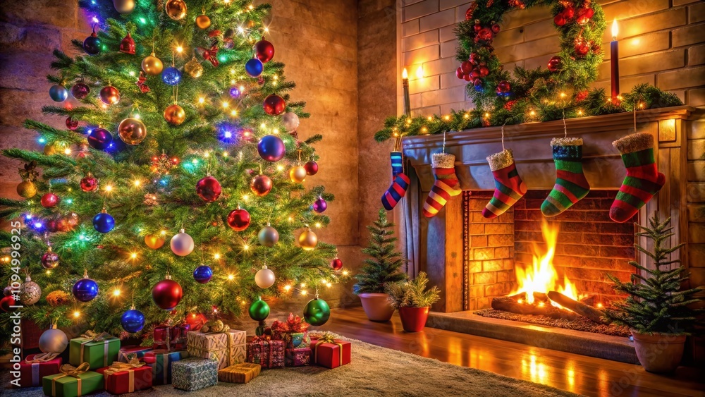Festive Christmas Scene with a Beautifully Decorated Tree on the Right, Surrounded by Twinkling Lights, Colorful Ornaments, and a Cozy Fireplace, Perfect for Holiday Cheer Festive Christmas Scene with a Beautifully Decorated Tree on the Right, Surrounded by Twinkling Lights, Colorful Ornaments, and a Cozy Fireplace, Perfect for Holiday Cheer