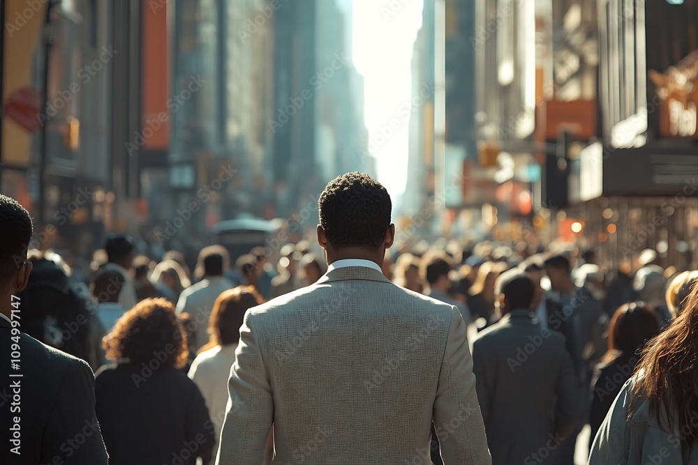 Fototapeta premium African American Man in Suit Walking, Urban Crowd Blurred Background