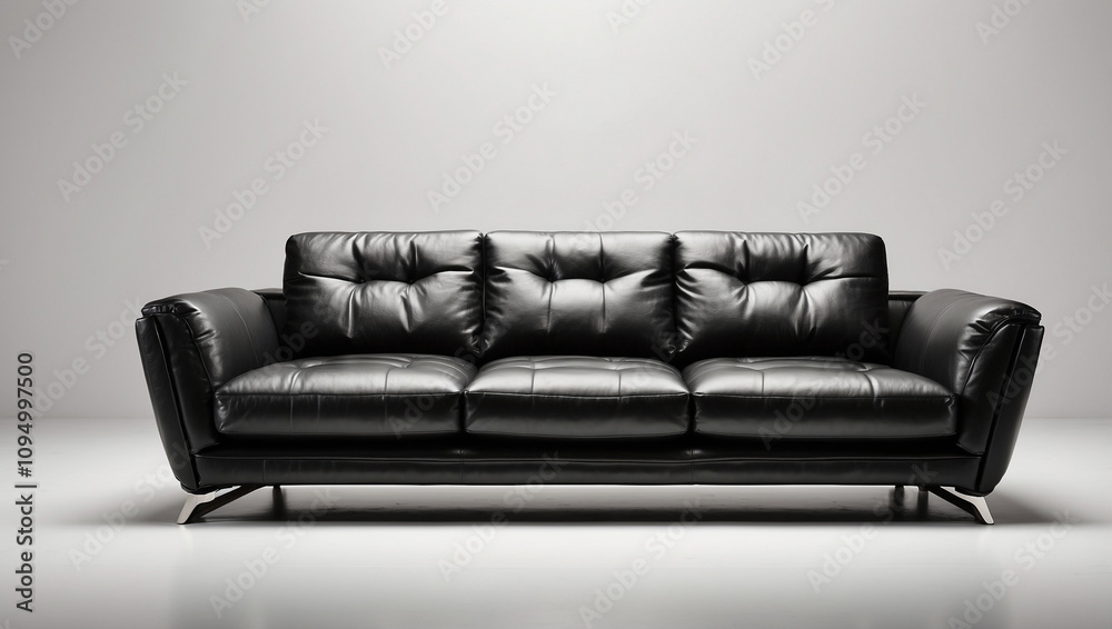 Obraz premium Black Leather Sofa in Front View on White Background