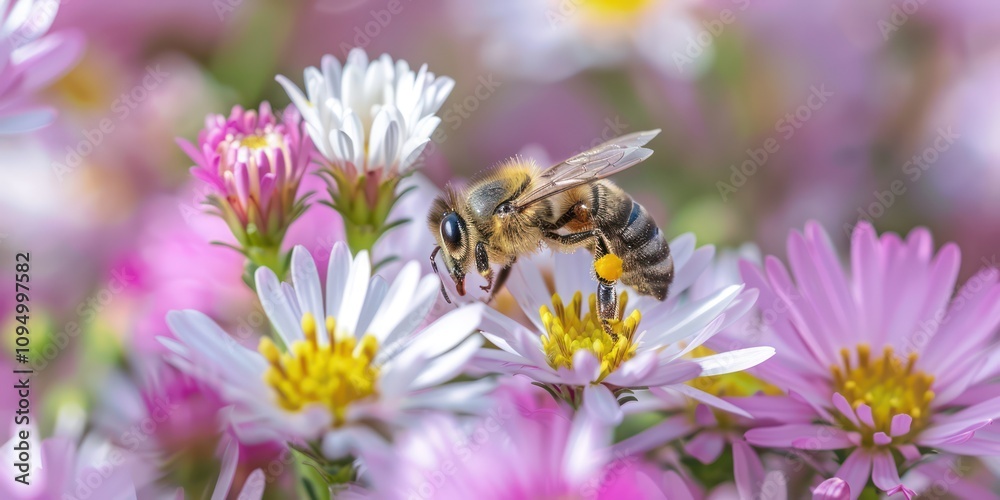 Bees collecting pollen from vibrant flowers. Bees collecting pollen from vibrant flowers.