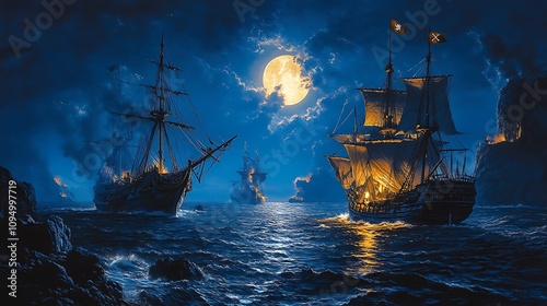Pirate Ships Sailing Under a Full Moon at Night