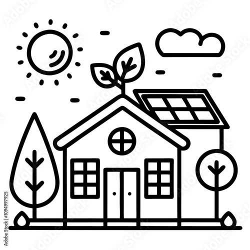 Icon of a house with solar panels, trees, and sun, representing green living and sustainable housing
