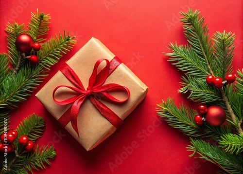 Flatlay of Christmas Gifts Wrapped in Craft Paper with Red Ribbons and Fir Branch on a Red Background, Perfect for Holiday Celebrations and Seasonal Festivities with Copy Space