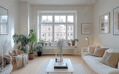 Bright living room with beige sofa, plants, and large window.