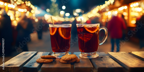 Two glasses of hot mulled spicy wine with cookies at a Christmas market illuminated at night in december photo