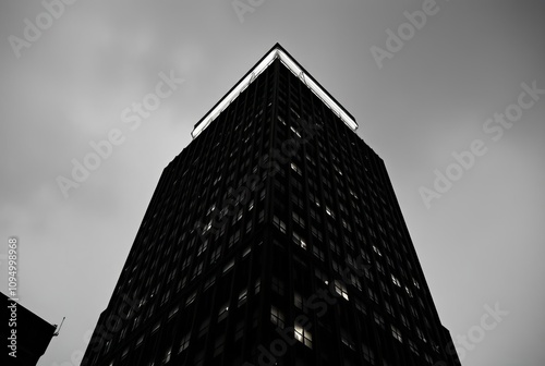 _. Film Noir Skyscraper A black and white photograph of a skyscr photo