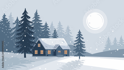 A snow-covered cabin nestled among tall pine trees, with a clear night sky illuminated by a bright full moon