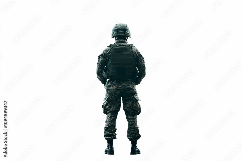 Camouflaged soldier, back view, vest, helmet. Camouflaged soldier, back view, vest, helmet.