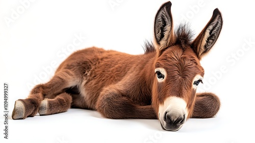 A young donkey lying on the ground with its legs tucked under, positioned on a seamless white background photo