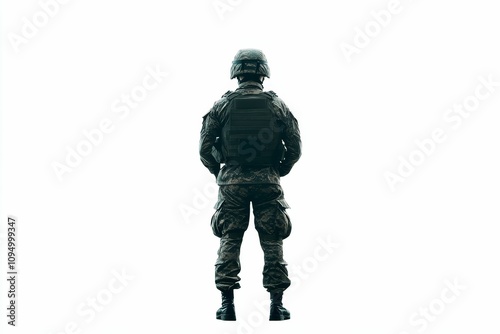 Camouflaged soldier, back view, vest, helmet.