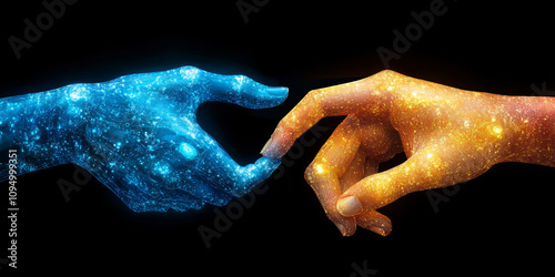 Two hands, one shimmering blue and the other glowing orange, reach out toward each other, representing a powerful bond in a vast cosmic landscape