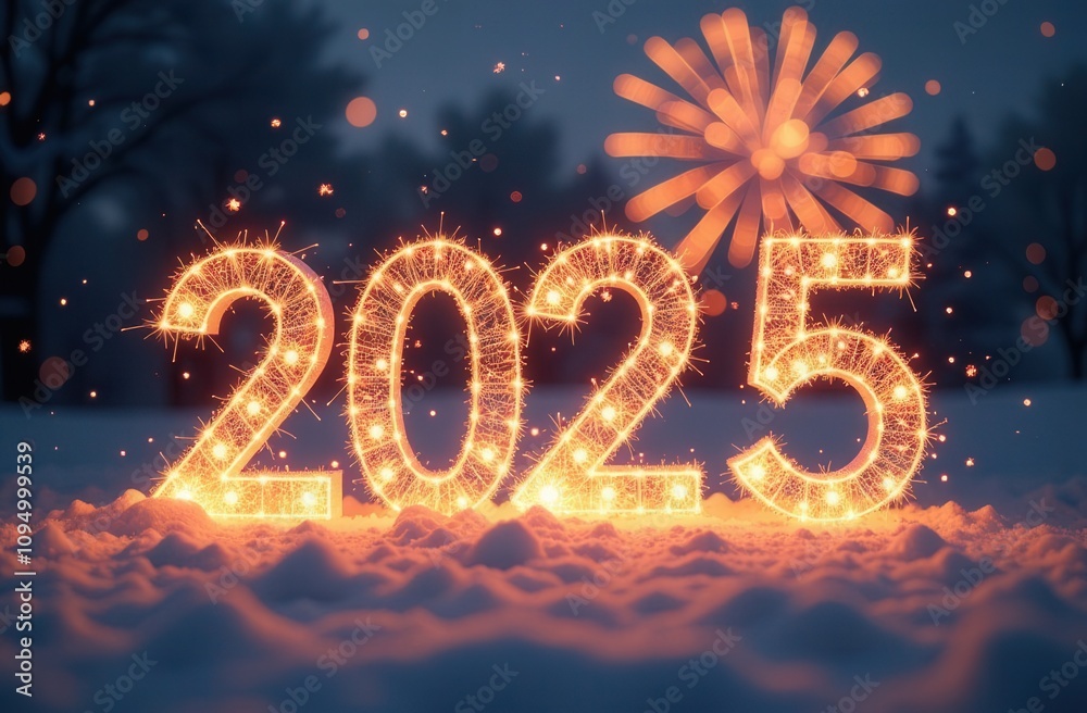 2025 is lit up in the snow with fireworks in the background 2025 is lit up in the snow with fireworks in the background