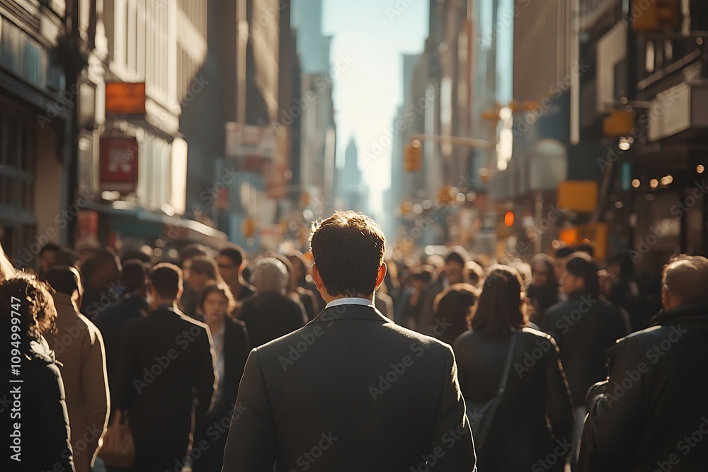 African American Man Walking Sunlit City Street Business District Perspective African American Man Walking Sunlit City Street Business District Perspective