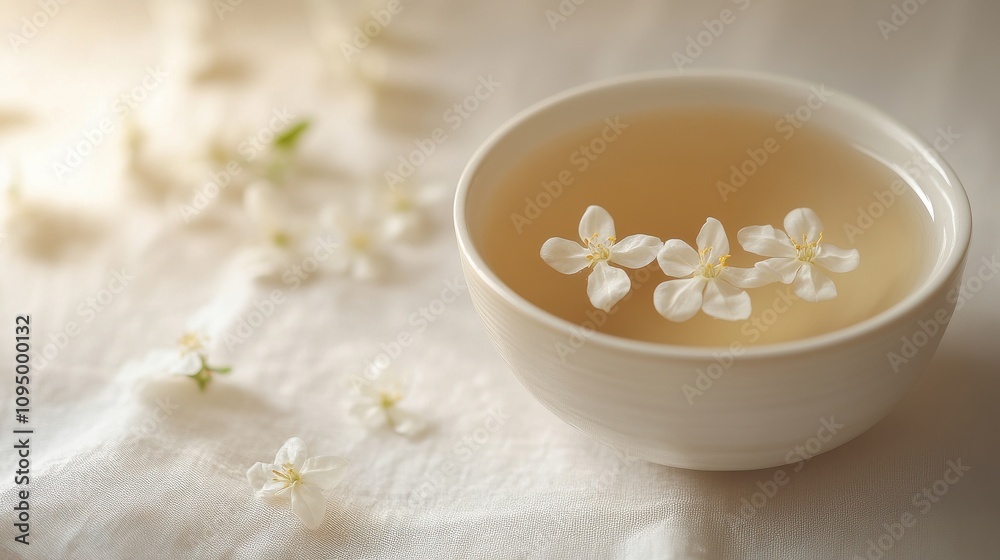 A glass filled with a light-colored beverage showcases floating white flowers. Soft sunlight illuminates the scene, enhancing the inviting atmosphere. A glass filled with a light-colored beverage showcases floating white flowers. Soft sunlight illuminates the scene, enhancing the inviting atmosphere.