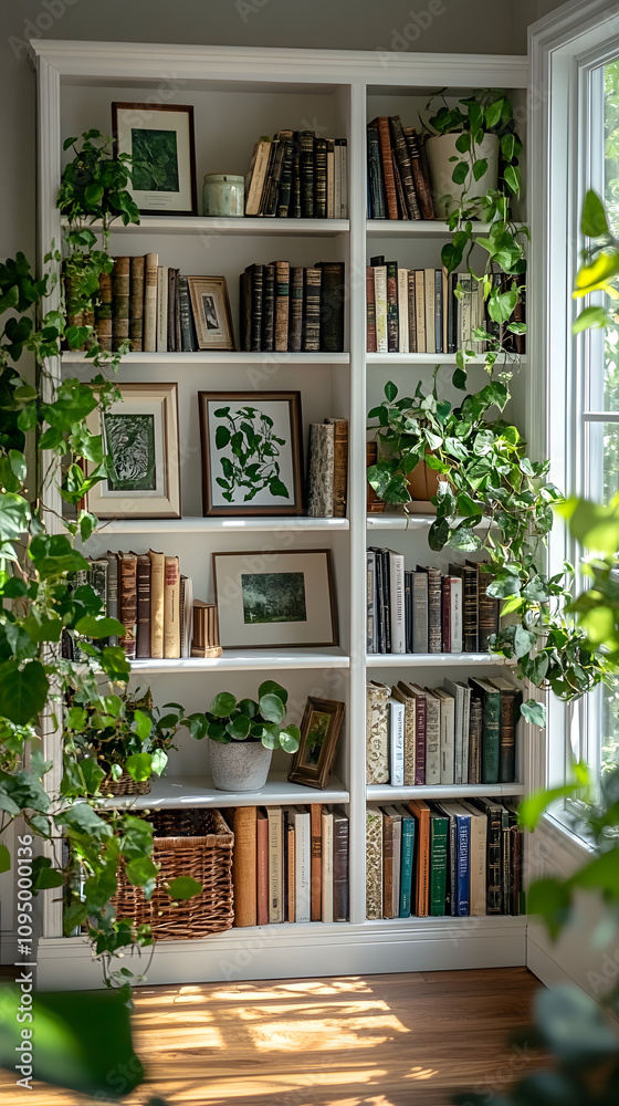 Close-up of white bookshelves adorned with potted plants and framed photographs, creating a cozy and modern interior space. The clean lines of the shelves and the greenery bring a fresh, vibrant look Close-up of white bookshelves adorned with potted plants and framed photographs, creating a cozy and modern interior space. The clean lines of the shelves and the greenery bring a fresh, vibrant look