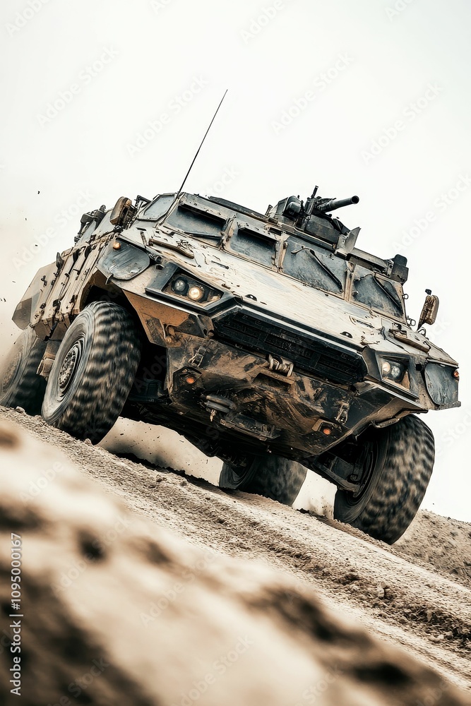 Military armored vehicle ascends dusty incline. Military armored vehicle ascends dusty incline.
